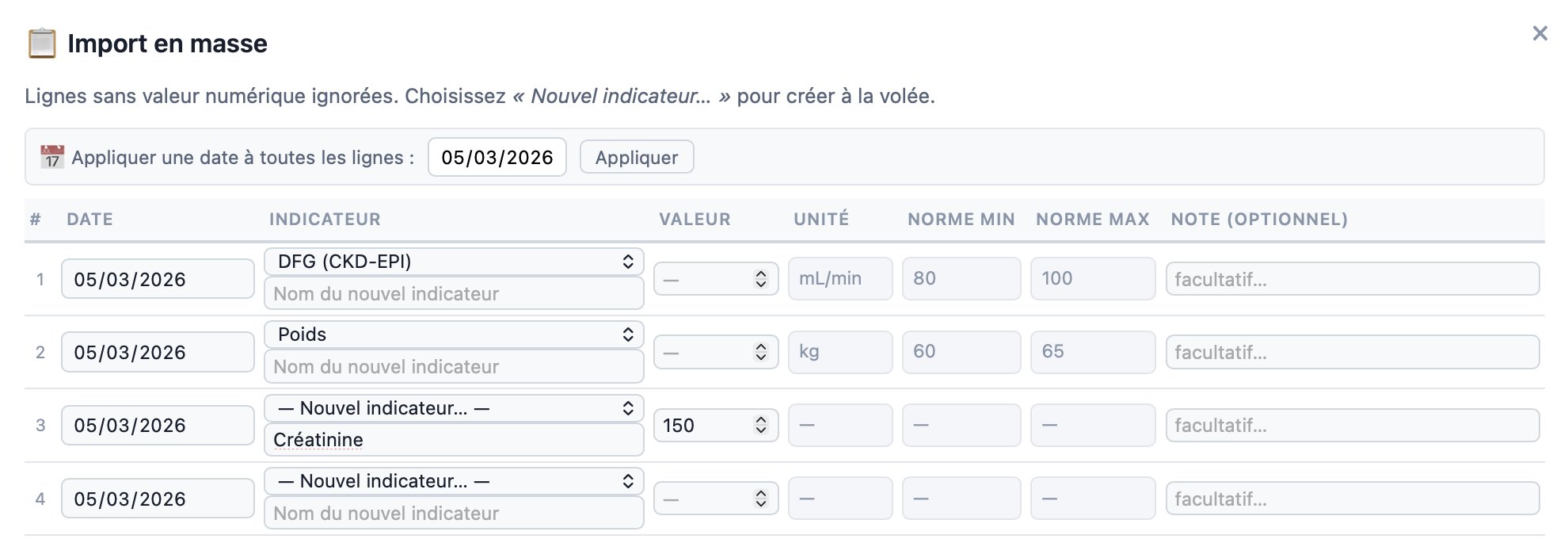 Saisie rapide depuis un résultat d'analyses